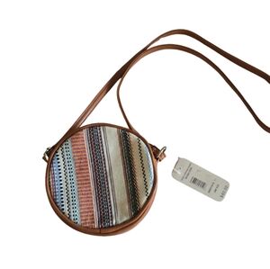 NWT Rue21 Circle Bag Cotton/Faux Leather Boho Shouler Purse Brown Multi Stripe